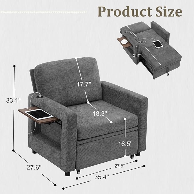 3 in 1 Folding Convertible Sleeper Sofa Bed Pull Out Couch with Side PocketsUSB PortSide TableLoveseat Sofa Bed with Adjustable Backrest for Living Room Bedroom 66 Darkgrey 1 SEAT