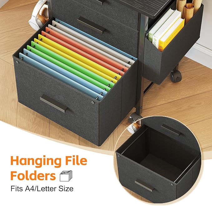Mexin 3 Drawer File Cabinet with 24'' Extended Desktop Mobile Filing Cabinet Printer Stand Rolling Printer Stand with Side Bag Fabric Drawer Fits A4 Size Home Office Black