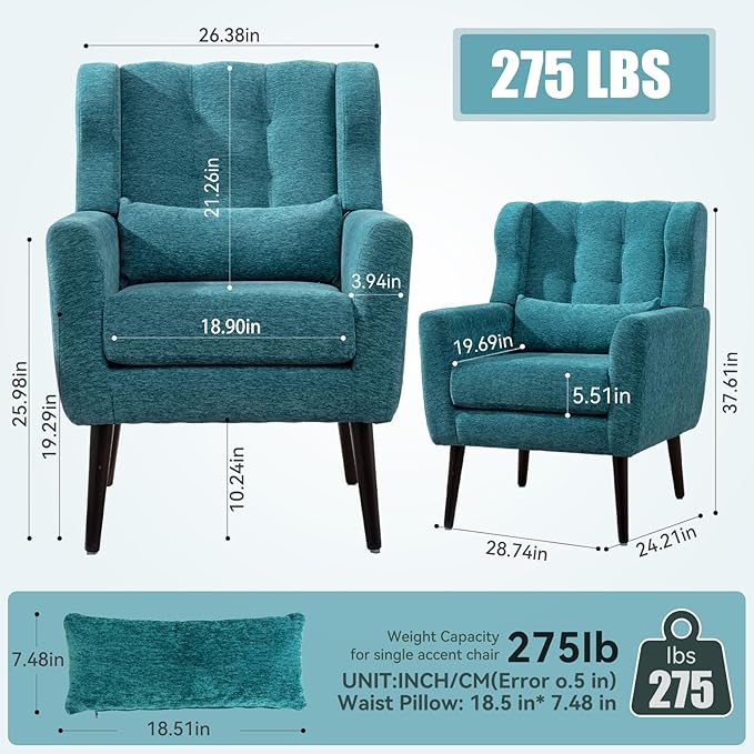Accent Chair Set of 2 Upholstered Armchair with Pillow Fabric Single Sofa Chair with Lounge Seat and Wood Legs Accent Chair for Living Room Small Spaces (Teal)