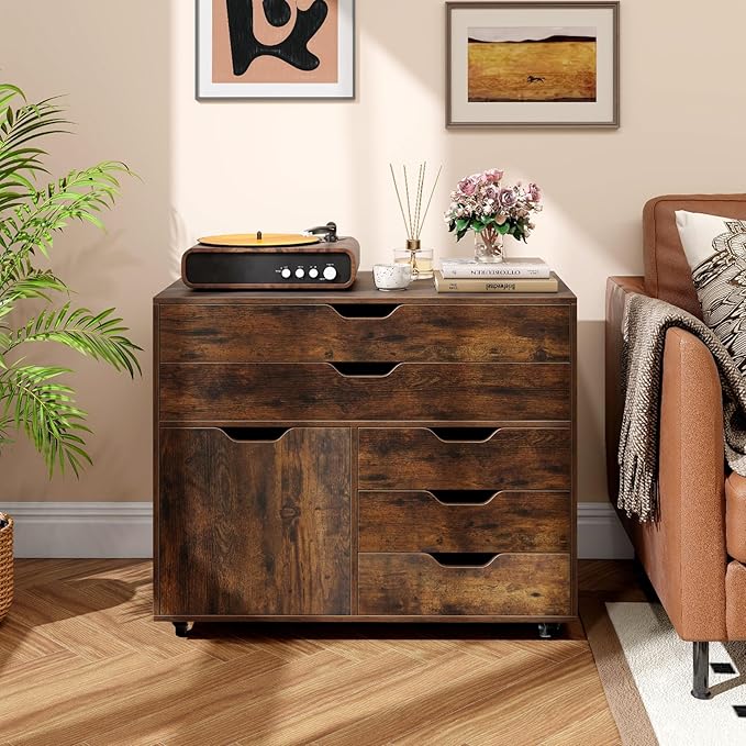 File Cabinet Rustic Filing Cabinet w/Universal Wheels Wood Printer Stand w/Storage Rolling File Cabinets for Home Office Living Dining Room (Rustic Brown 2 Large Drawers &amp 3 Small Drawers)