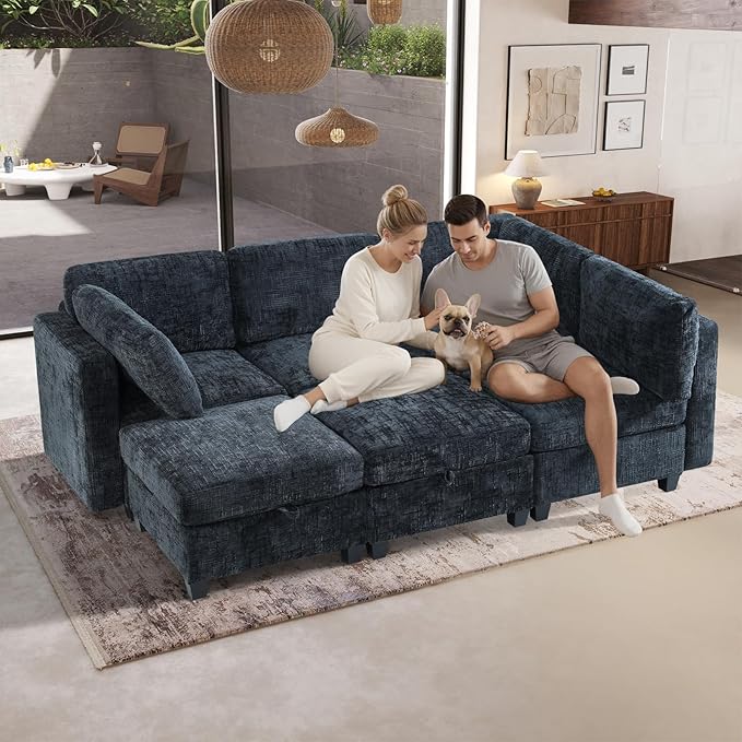 6 Seat Modular Sectional Sofa with Storage Convertible Sectional Couch Modular Sofa with Chaise Living Room Furniture Sets U Shaped Couch with Ottoman Couches for Living Room Black Textured