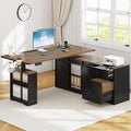 63 Farmhouse Electric Standing Desk Adjustable Height Sit Stand Corner Stand Desks L Shaped Standing Computer Desk with Power Outlets &amp Storage Drawers &amp Sliding Door for Home Office Black