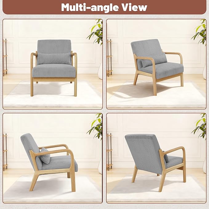 Accent Chair Mid-Century Modern Armchair with Waist Cushion Fabric Lounge Reading Chair with Wood Frame Comfy Single Sitting Seat for Living Room Bedroom Balcony up to 450lbs Gray