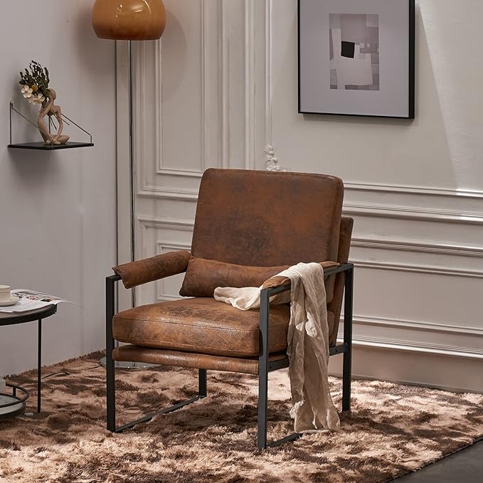 Mid-Century Armchair with Solid Wood FrameLiving Room Chair with Extra-Thick Padded Backrest and Seat CushionSingle Sofa Chairs with Non-Slip Feet105° Slop BackLinen Accent Chair for ClubOffice