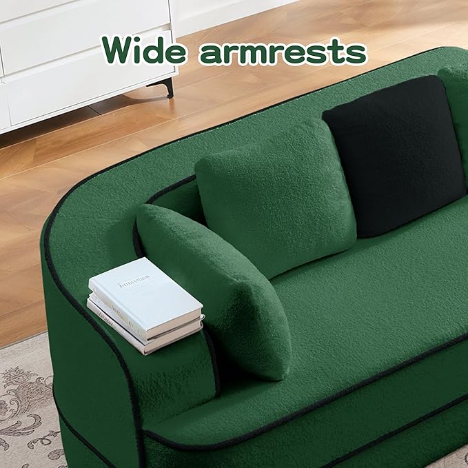 4 Seater Modular Sectional Boneless Couch with Throw PillowsModern Foam Boneless Sofa for Living Room Teddy Fabric Oversized with Deep Seat Green Sofa