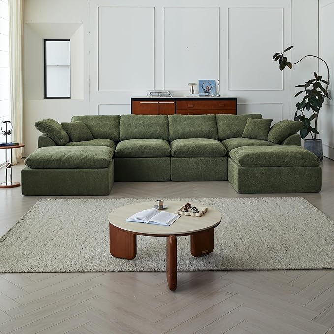 138 Cloud Sectional Couches for Living Room Convertible U-Shape Boneless Couch with Ottoman 6-Seater Compressed Sofa Modular Sectional Sofa (6-Seater Green)