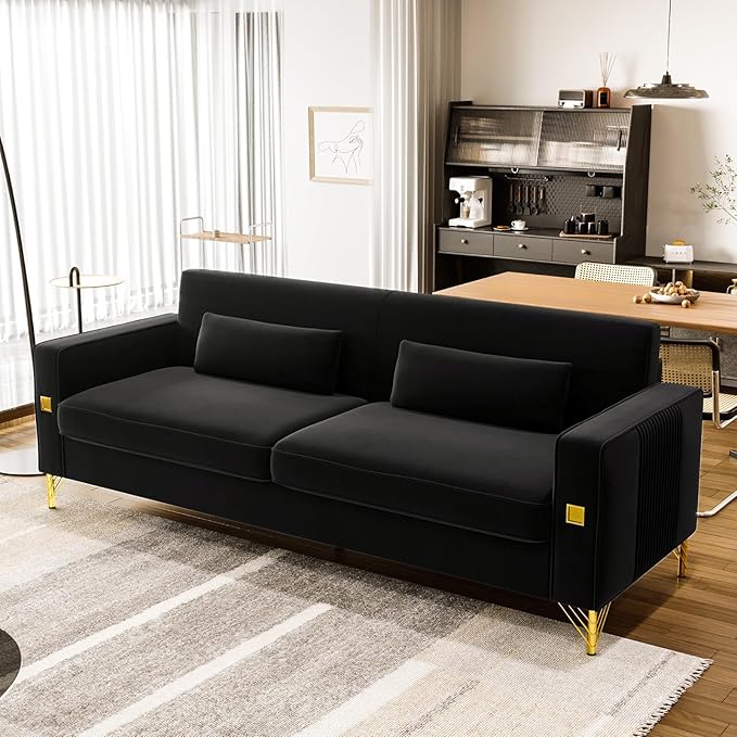 85.63'' Mid-Century Modern Black Velvet Sofa Couch with Metal Gold Legs 3 Seater Tufted Loveseat Couches with 2 Lumbar Pillows for Living Room and Apartment