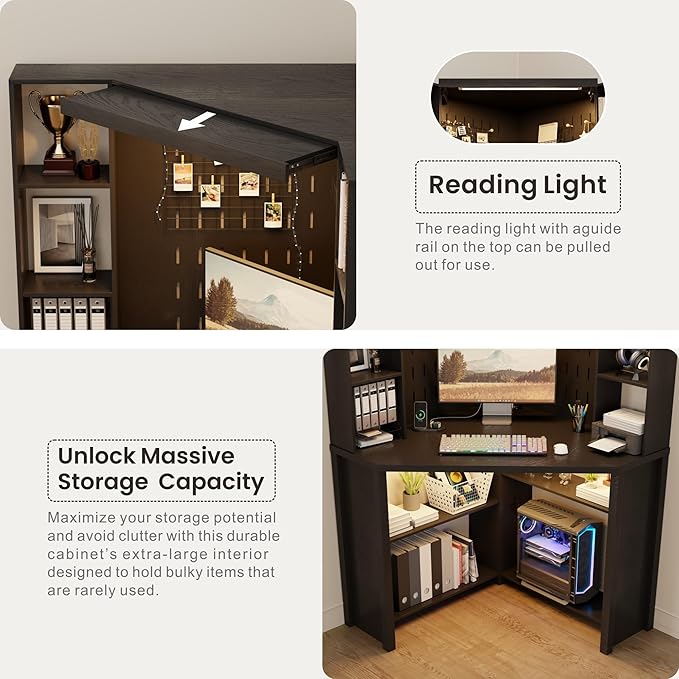 Lvifur Corner Computer Desk with LED Lights L Shaped Study Desk with Hutch &amp Shelves Triangle Home Office Desk with Charging Station for Work &amp Study File Cabinet Bookshelf for Small Space