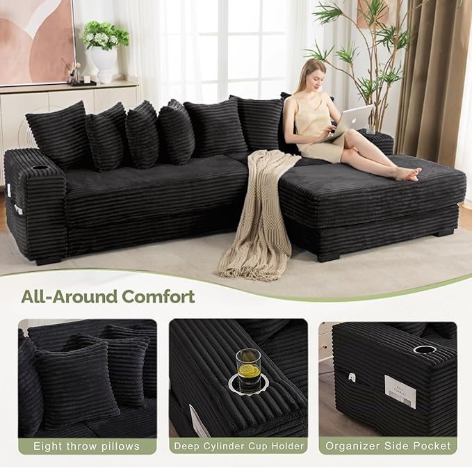 Oversized L-Shaped Modular Sectional Sofa Couch with 8 Pillows Convertible Corduroy Sleeper Sofa Bed with Cupholders &amp Storage Pockets Cloud Couch with Movable Ottoman for Living Room Black