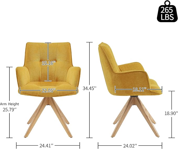 Art Leon Mid Century Modern Desk Chair - Fabric Upholstered Office Chair No Wheels Swivel Armchair with Oak Wood Legs for Small Space Living Room Bedroom Set of 2 Yellow