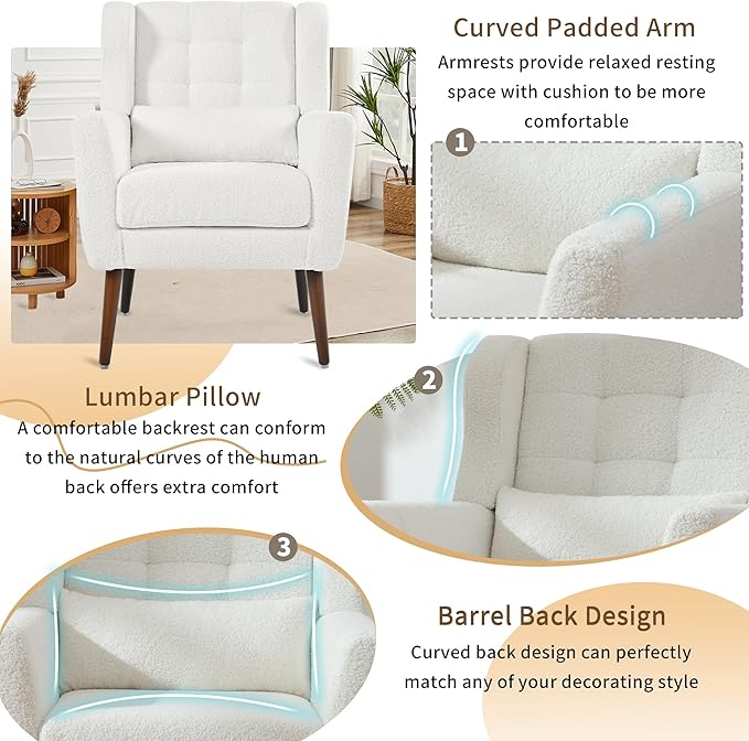 Accent Chair Set of 2 Upholstered Armchair with Pillow Teddy Single Sofa with Lounge Seat and Wood Legs for Living Room Small Spaces