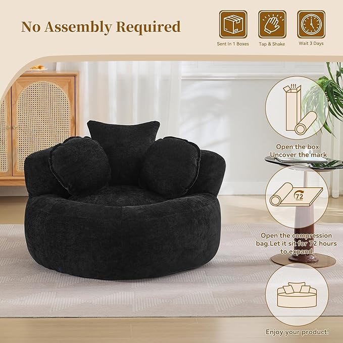 Round Oversized Chair Floor Sofa Chair Chenille Compressed Circle Chaise Lounge No Assembly Boneless Barrel Chair Lazy Bean Bag Couch Accent Chair for Living Room Bedroom DormBlack
