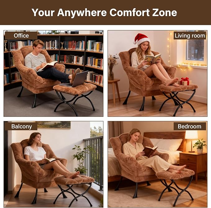 Welnow Lazy Chair with Ottoman Modern Accent Chair with Armrests and a Side Pocket Leisure Sofa Armchair Reading Armchair with Footrest for Small Space Plush Brown