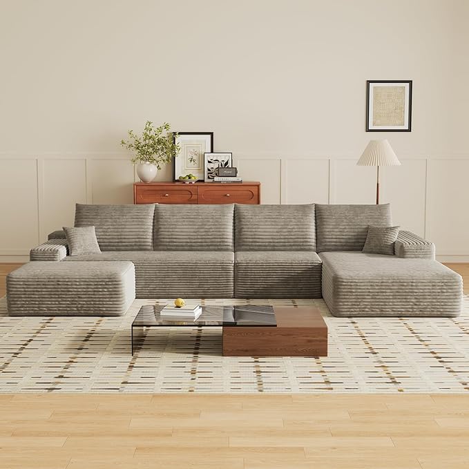 135 U Shaped Boneless Couch with Ottoman Convertible Sleeper Compression Sofa Corduroy Couch Sectional for Living Room Bedroom Deep Seat Foam Cloud Sofas No Assembly Right Facing Chaise Camel