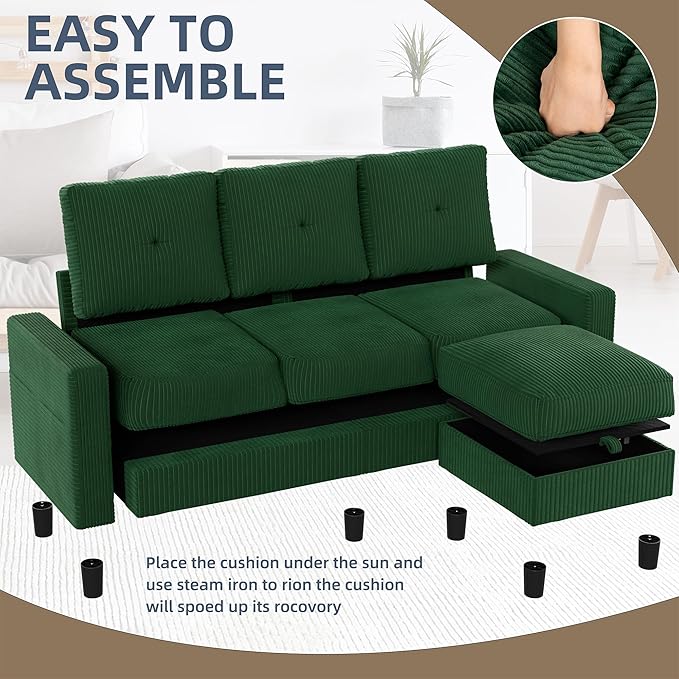 JAMFLY Convertible Sectional Couches for Living Room L-Shaped Couch 3 Seat Sectional Sofa Set with Polyester Fabric and Movable Ottoman Small Couch for Apartments OfficeGreen