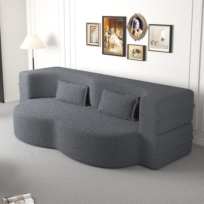 Newfun 78 Convertible Sofa Bed 2 in 1 Folding Couch Bed Futon Sofa Bed with Two Pillows Loveseat Sofa for Living Room Bedroom Lounge Compressed Modern Sofa No Assembly Required (Grey)