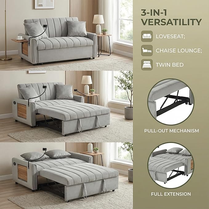 Convertible Velvet Sofa Bed with Pull-Out Bed &amp Side Storage Pockets Modern Sleeper Sofa for Living Room Apartment Small Spaces and Bedroom (Grey-2)