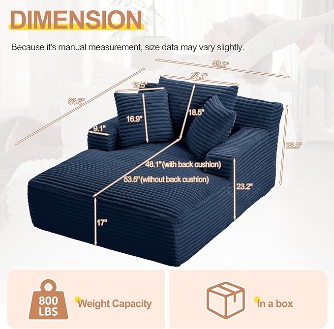 67 Oversized Chaise Lounge Chair Indoor Corduroy Boneless Chaise Lounge Sofa Chair with Pillows &amp Wide Armrest Deep Seat Fluffy Reading Chairs Small Cloud Couches for Living Room Blue
