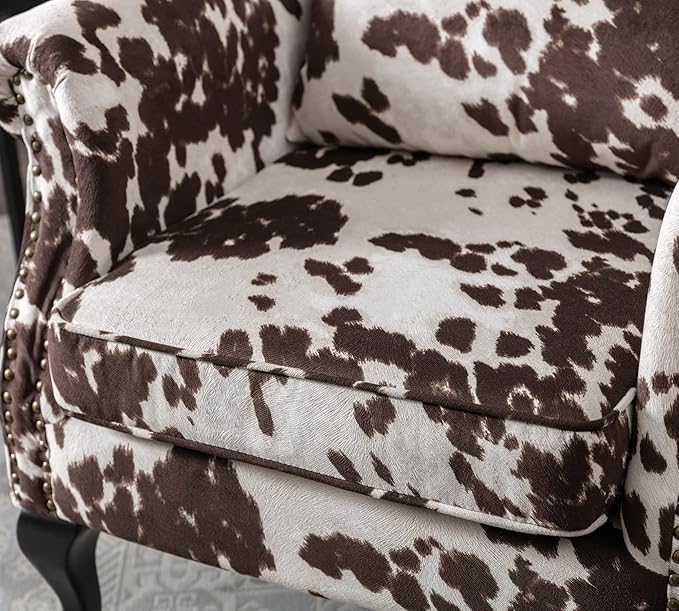 Mid Century Modern Accent Chair Upholstered Armchair Comfy Cowhide-Print Fabric Single Sofa with Tufted Wingback for Small Spaces Bedroom Living Room Cow