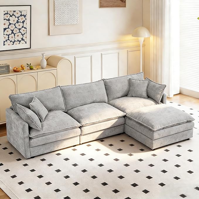 102 Cloud Sectional Couch Modular L Shaped Sofa with Movable Ottoman Comfy Chenille Deep Seat Sofa with Throw Pillows 3-Seater Cloud Couches for Living Room Apartment