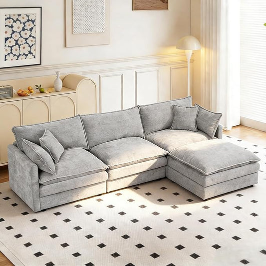 102 Cloud Sectional Couch Modular L Shaped Sofa with Movable Ottoman Comfy Chenille Deep Seat Sofa with Throw Pillows 3-Seater Cloud Couches for Living Room Apartment