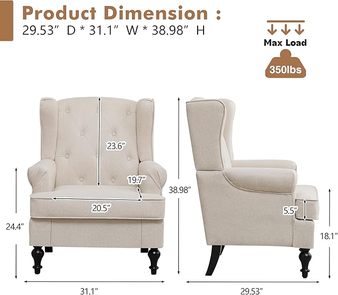 Accent Chair for Living Room Mid Century Modern Upholstered Armchair Wingback Chair with Tufted High Back and Solid Legs Comfy Single Sofa Side Chairs for Bedroom Khaki