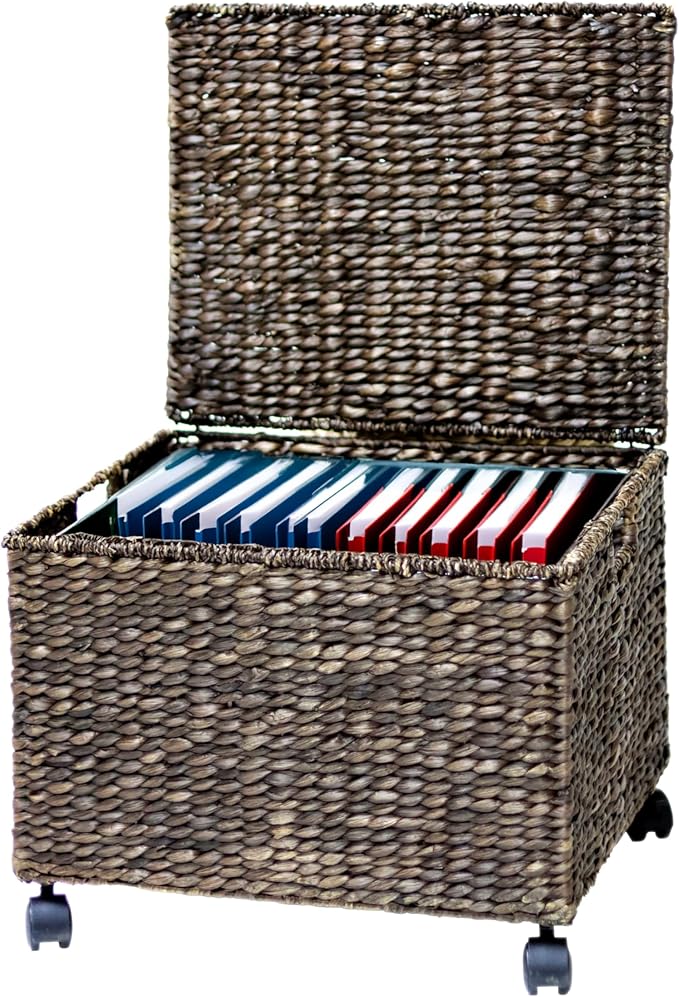 Trademark Innovations Rolling File Box Wicker File Cabinet Hanging File Baskets Water Hyacinth Storage Basket (Brown)