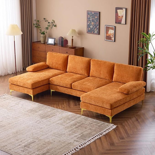 VINGLI 110 Sectional Couches for Living RoomU Shape Couch with Double Chaise 4-Seat Sofa Set with Chenille Fabric for Home FurnitureBurnt Orange