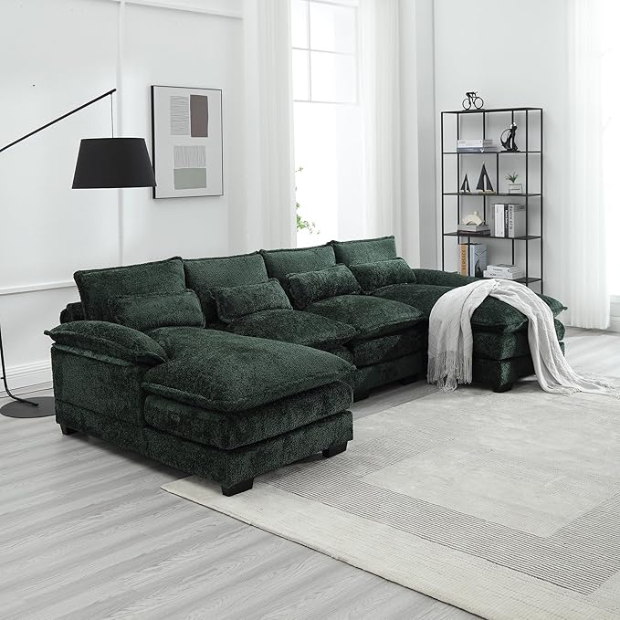 QQU 110.63 W U-Shape Modern Sectional Sofa Couch with Plastic Leg Upholstery Chenille Modular Sectional Sofa Bed with Memory Foam Large Sleeper Couch Chaise Lounges for Living Room(Emerald)