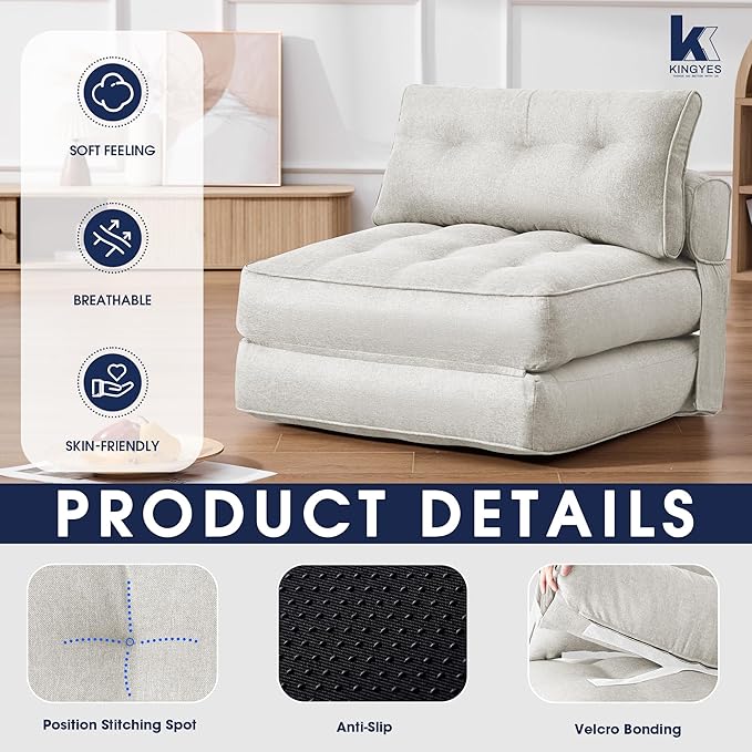 KINGYES Folding Chair Bed 3 in 1 Convertible Sleeper Chair with Pillow Foldable Futon Chair for Living Room Beige