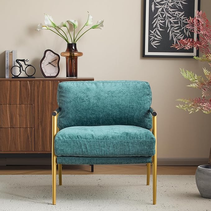 Christopher Knight Home Varsts 27.56 Accent Armchair with Plush Cushions Modern Seating Club Chair Minimalist Metal Frame and Wooden Armrest Design for Cozy Living Room Bedroom Office Teal Blue