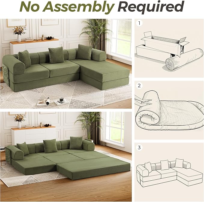 106.3 Oversized Convertible Sleeper Sofa Bed L Shape Modular Sectional Cloud Sofa with Fixed-Shape Frame Boneless Couch with Storage Pocket for Living Room No Assembly Required Green