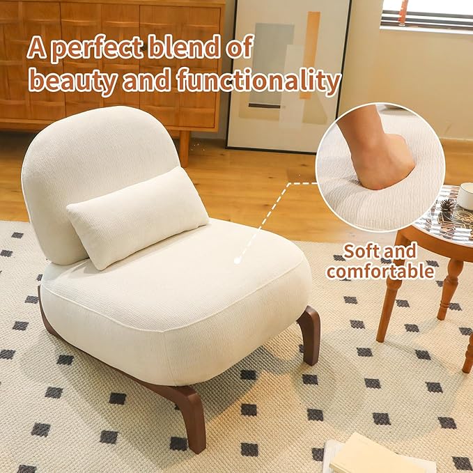 HAZO Cute Accent Chair with Solid Wood Legs Velvet Living Room Chair with Soft Cushion Cozy Bedroom Chair Comfy Armless Reading Chair for Apartment Waiting Room Balcony (White)