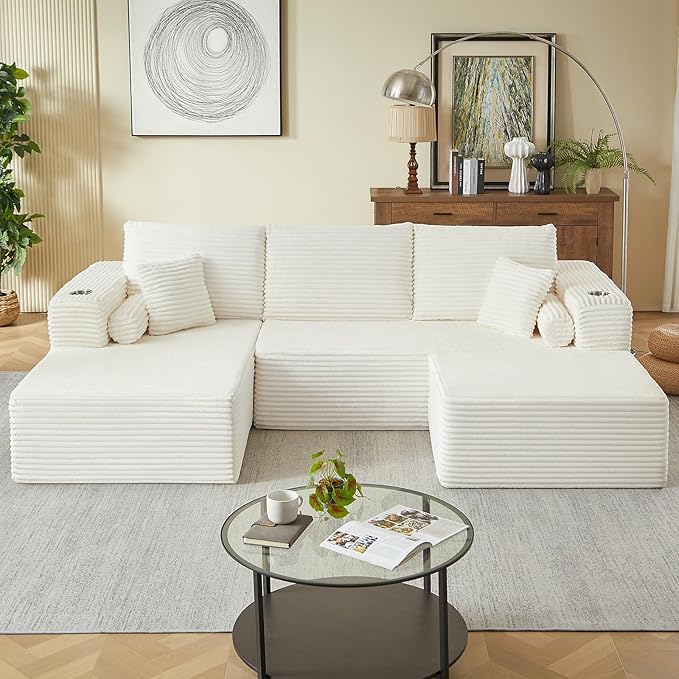 107 U Shaped Boneless Couch with Ottoman Cloud Modular Sectional Sofa with Cup Holders and Pillows Corduroy Upholstered Couches for Living Room Couch with Chaise No Assembly Cream | Modular Desig