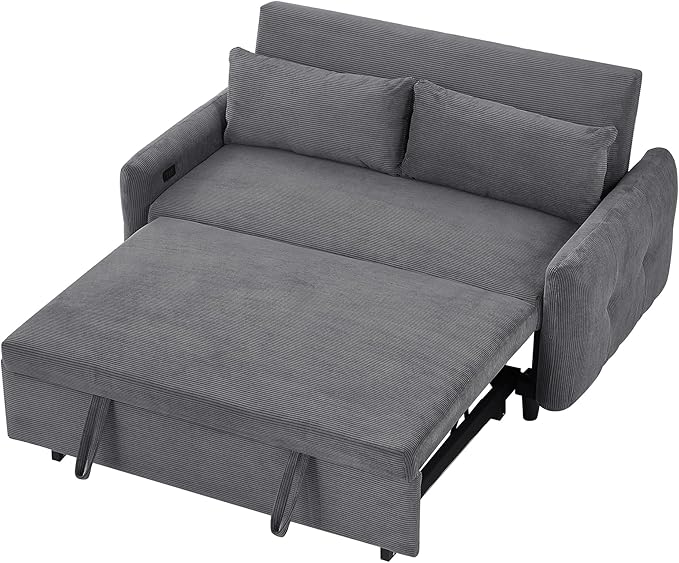 Pull-Out Sofa Bed Convertible Couch 2 Seat Loveseat Sofa Corduroy Fabric Upholstered Sleeper Sofa with 2 Throw Pillows and USB Ports for Living Room Office Apartment (Dark Grey)