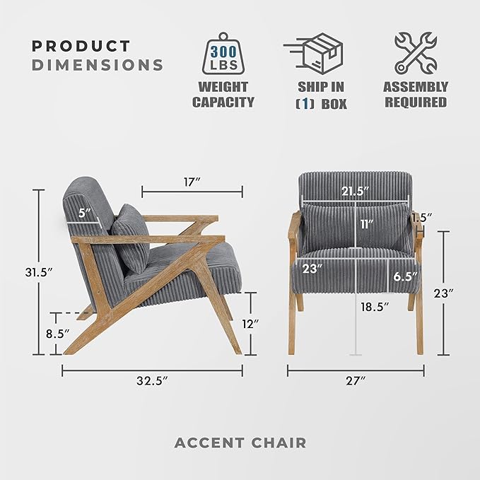 Lexicon Mid Century Modern Accent-Chair with Lumbar Pillow Brown Solid Wood Frame Comfy Corduroy Upholstered Lounge Arm Chair for Living Room/Bedroom/Office/Reading Nook Assembly Required Grey