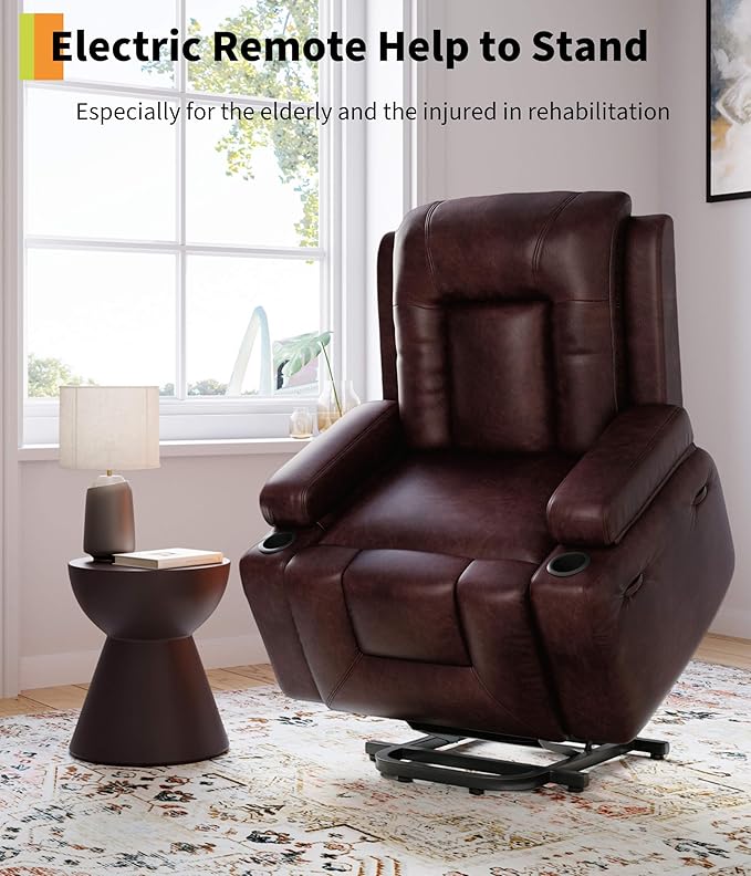 GarveeHome Power Lift Recliner Chair - Heat and Massage PU Leather Electric Lift Recliner for Elderly &amp Mobility Impaired Adjustable Back and Legs Heavy Duty Lift Chair for Seniors