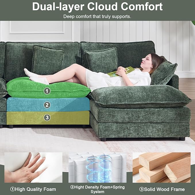 105 Modular Sectional Sofa Large L Shaped Sectionals Cloud Couch Big Comfy 3-Seat Couch with Ottoman 4 Seater Chenille Sectional Sofa with Deep Seat and 5 Pillows for Living Room- Green