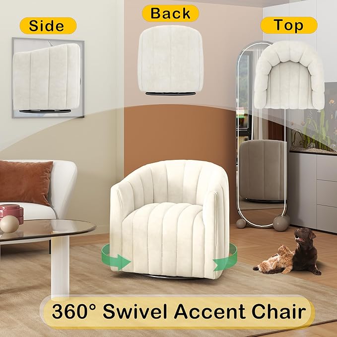 Swivel Accent Chair Velvet Barrel Arm Chair for Living Room Pumpkin Shaped Curved Chair with Metal Base for Bedroom Balcony Study Room（Beige White Set of 2）