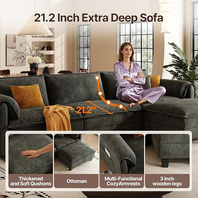 107 L Shaped Modular Sectional Cloud Couch with Pillow Deep Seat Sofa Couches for Living Room 4-Seat Modern Sofa with Movable Ottoman Comfortable Living Room Couch (Grey 107 Inch-L)