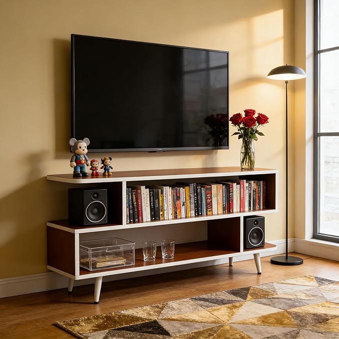 Lightdot TV Stand for TVs up to 45'' Modern Entertainment Center with 3 Storage Open Large Capacity for Collection Media Console Table for Living Room/Entrance/Sofa CabinetEasy Assembly-Red Walnut