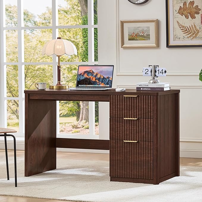 LEYAOYAO Office Desk 48 with 3 Drawers Storage File Cabinet Wood Fluted Desk for Computer Office Bedroom Home Furniture Walnut