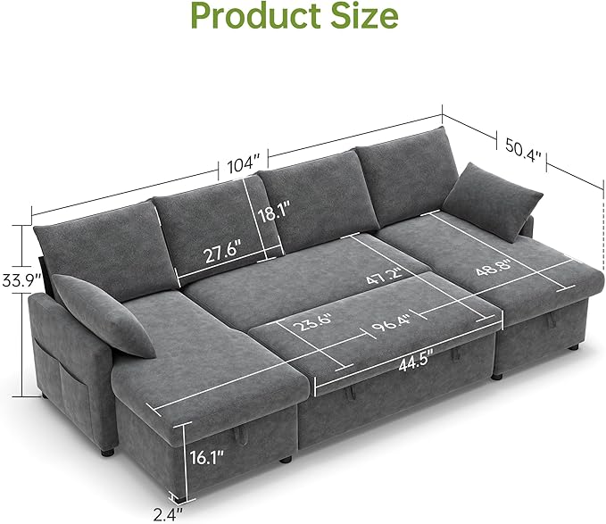 Real Relax 104'' Sofa Bed U Shaped Chenille Sleeper Sofa Couch with Pull Out Bed and Chaise Storage for Living Room Apartment and Office Dark Gray