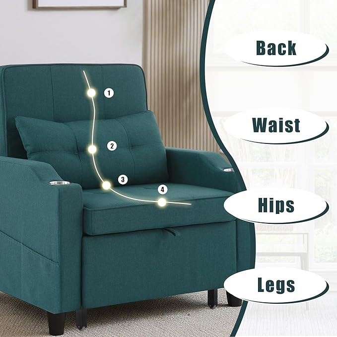 Sleeper Chair 5-in-1 Convertible Chair Bed Pull Out Adjustable Single Armchair Sofa Bed with USB PortsSide PocketCup Holder (Green)