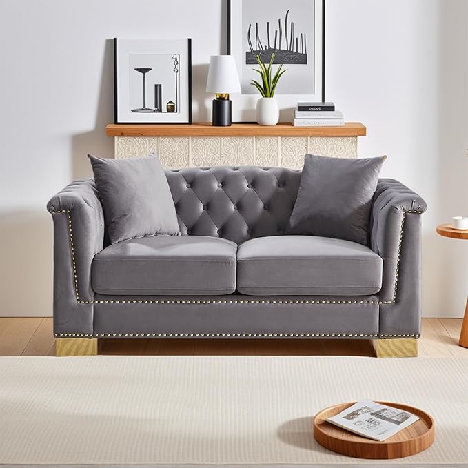 62 Chesterfield Loveseat Grey Velvet Combination Sofa 2 Cushion Classic 6.5 Rolled Arm Modern Couch Suitable for Living Room