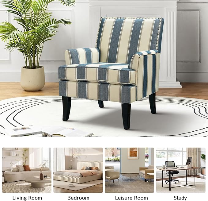 HULALA HOME Modern Accent Chair for Living Room Upholstered Fabric Single Sofa Chair Wingback Armchair with Wooden Legs for Bedroom Office Reading or Waiting Room Stripe Blue