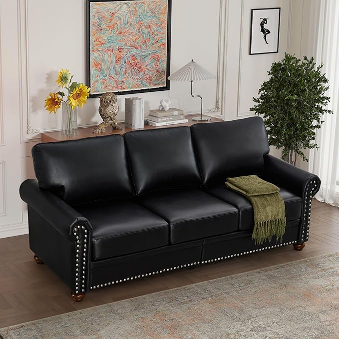 KEIKI 82.68 Chesterfield Sofa Retro Style Upholstered Faux Leather PU Couch with Storage Space Rolled Arm Nailhead for Living Room Bedroom Office Apartment Black