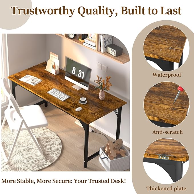 AZN Computer Desk 47in Computer Desk Office Desk w/Metal Frame Office Desk w/Water-Resistant Scratchproof Surface Home Office Desks w/Large Legroom for Work Study Writing Gaming Rustic Brown