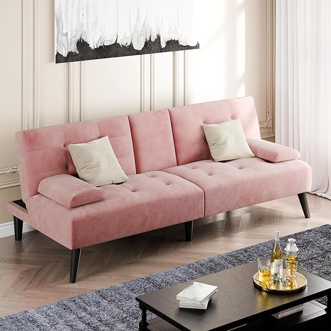 Shintenchi Futon Sofa Bed Velvet Foldable Couch Reclining Sleeper with Removable Armrests Upholstered Loveseat Sofa Couch with Folding Cup Holders for Home Office Pink