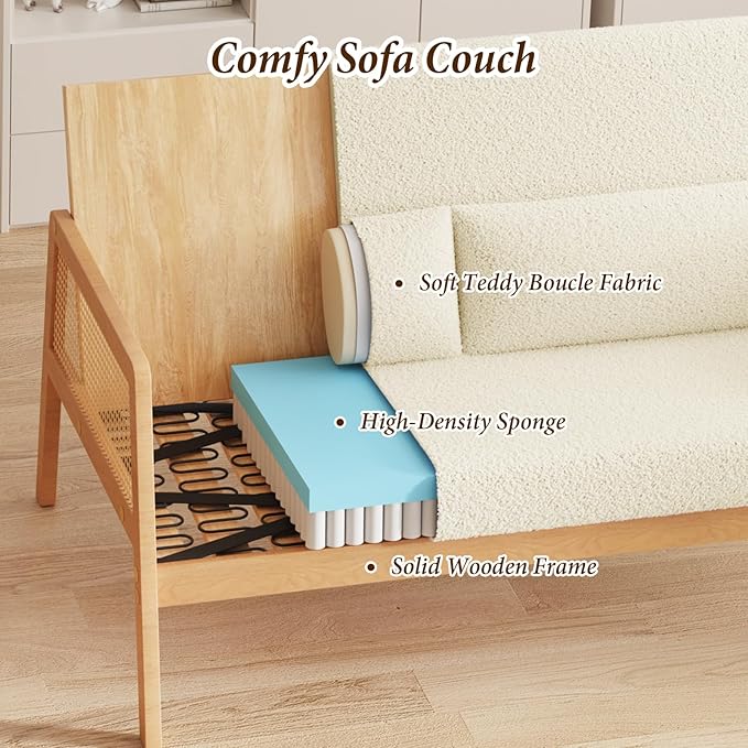 Furnimart 4ft Small Loveseat 48 Modern Rattan Settee 2-Seater Sofa with Wood Frame and Lumbar Pillows Wating Room Banquette Bench with Back Mini Couch for Apartment Office Patio Sherpa White